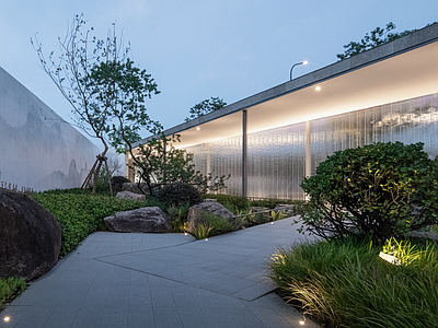 窗外景 新中式示范区 售楼处 植物景观 水景 灯光 天空