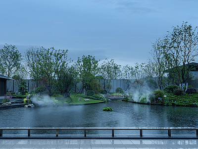 窗外景 新中式庭院 亭子 植物景观 叠水水景 假山 灯光 夜景天空