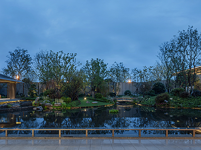 窗外景 新中式庭院 亭子 植物景观 叠水水景 假山 灯光 夜景天空