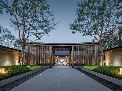 窗外景 新中式庭院 示范区入口 雕塑 植物景观 灯光 夜景天空