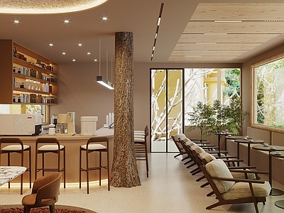 现代原木风咖啡厅 奶茶店 餐桌椅组合 绿植 咖啡工作台 吧台凳 吊灯