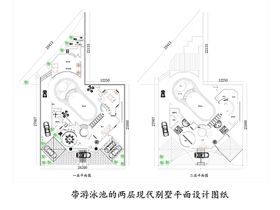 带游泳池的两层现代别墅平面设计图纸 施工图