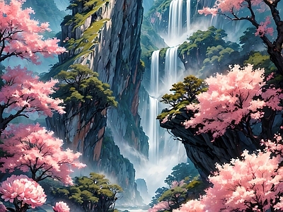 唯美插画山海风景油画壁画效果图 手机壁纸