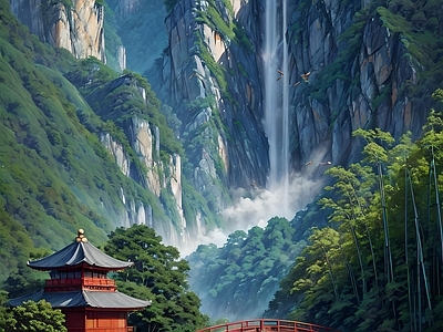 唯美插画山海风景油画壁画效果图 手机壁纸