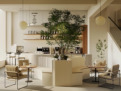 现代奶茶店 餐桌椅组合 卡座区 景观小品 绿植 餐厅工作台 吊灯 咖啡机