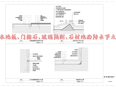 现代地面节点 木地板满铺地毯 槛石石材 玻璃隔断墙面收口 施工图