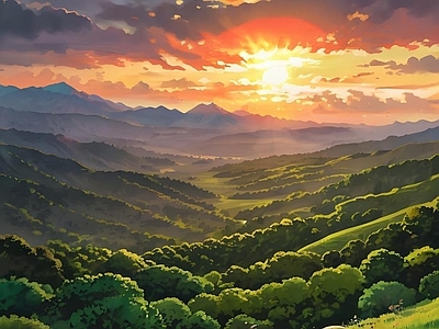 现代挂画 夕阳日落 卡通风景画 唯美风景画 宫崎骏