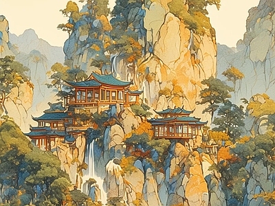 中式壁纸 刺绣山水画 山水壁纸 壁布