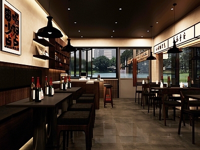 现代工业茶餐厅 西餐厅酒吧酒馆 餐桌椅组合 工业风吊灯 吧台凳卡座区 餐厅收银台工作台