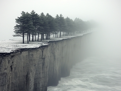 现代极简风景 黑白 雪景 海滨 悬崖