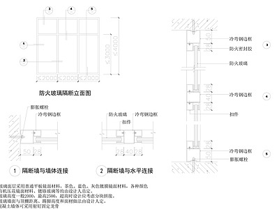 现代墙面节点 防火玻璃隔墙 施工图