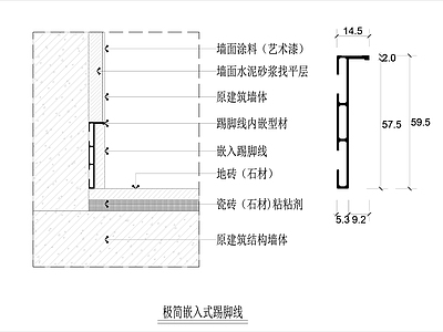 极简奶油墙面节点 嵌入式踢脚线 型材踢脚线 极简踢脚线 施工图