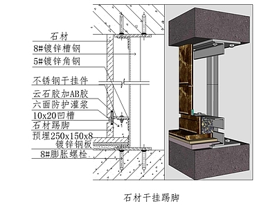 现代墙面节点 干挂石材踢脚 施工图