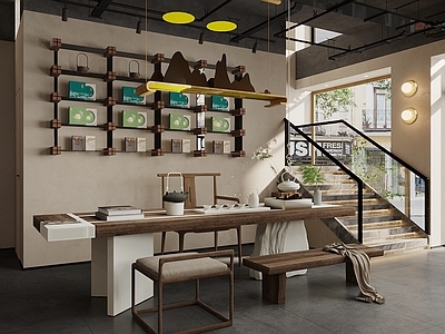 现代茶馆 茶馆 茶桌椅组合 茶品展示架