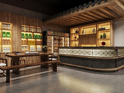 新中式中餐厅 新中式茶馆茶室 中餐厅收银台大堂 餐厅接待区 实木茶桌椅组合 餐厅收银台接待台