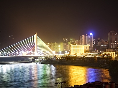 现代风景 河水表面 桥 城市夜景 小镇 灯光秀