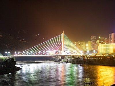 现代风景 小镇全景 城市夜景 灯光秀 桥 河流