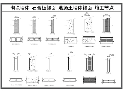 现代墙面节点 砌块墙体 石膏板饰面 混凝土饰面墙 施工节点 墙体砌筑工艺 施工图