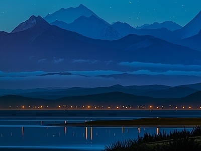 现代新中式乡村 郊区自然风景夜景