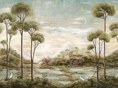 新中式复古壁画 山水壁画 植物壁画 艺术壁画 风景壁画 花鸟壁画