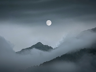 现代新中式风景 极简 夜景 夜晚 月亮