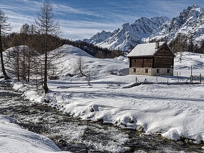 现代风景 冬天水流小屋风景 冬季肃杀氛围 白色王国