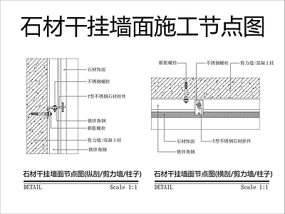 现代墙面节点 石材干挂墙面施工 石材干挂施工节点 石材干挂大样图 施工图