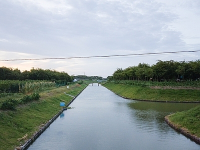 现代风景 河道 内河 水塘 农村 傍晚