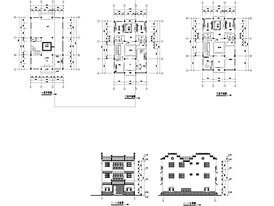 新中式中式别墅建筑 徽派三层别墅建筑 施工图