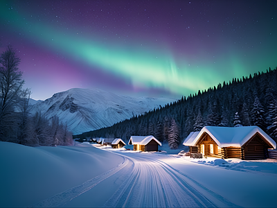 现代屏幕 极光雪景 灯火通明小屋 创意画面设计 远雪景震撼天空