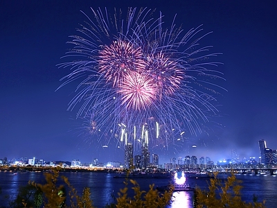 现代城市外景 自然风景 城市夜景 烟花 背景海报