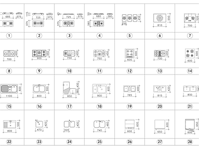 现代北欧综合厨房卫浴设施 现代厨具 设备 洗手台盆 卫浴 施工图