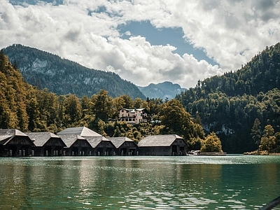 现代极简风景 湖泊 别墅外景 树林 蓝天白云天空