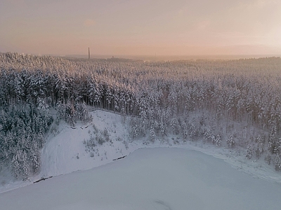 现代风景 雪景 晚霞夕阳天空 日出 树林 雪地