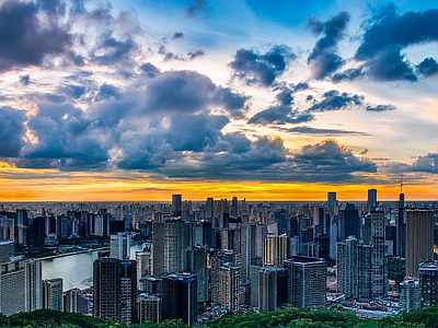 现代风景 城市 天际线 夕阳 航拍 大都市