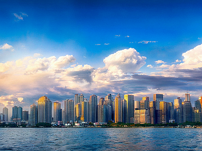 现代风景 海岸线 滨海城市 夕阳 海边 大都市