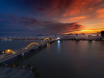 现代城市外景 城市夜景 海边 高架桥 晚霞天空 高层建筑