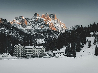 现代风景 别墅外景 山林 雪山 雪景 雪地