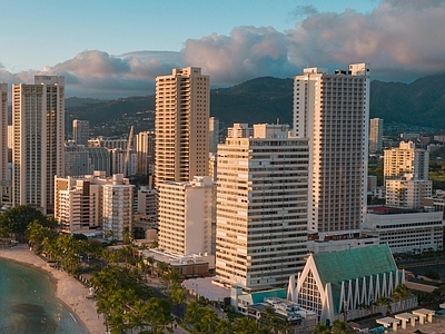 现代城市外景 海边城市 建筑园林 别墅 夕阳 晚霞天空