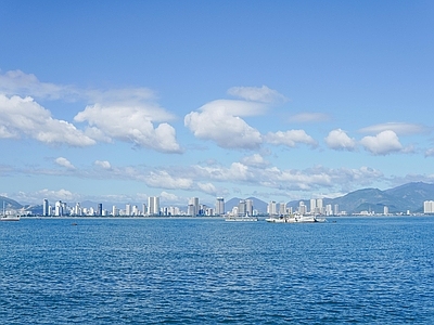 现代城市外景 海边城市远景 海景 蓝天白云天空 城市外景 远