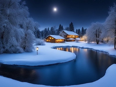 现代风景 冬天 雪景 村庄 湖泊 夜景