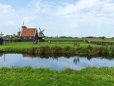 现代风景 草原牧场 溪流 别墅外景 庭院