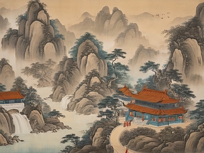 新中式壁画 国画壁纸 水画 壁画 复古壁纸 壁纸挂画