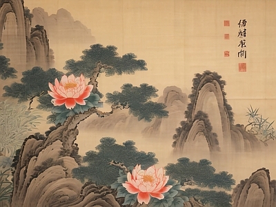 新中式壁画 国画壁纸 水画 壁画 复古壁纸 壁纸挂画