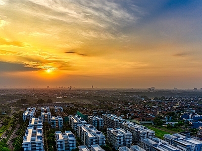 现代城市外景 夕阳城市 晚霞天空 小区建筑 鸟瞰风光 清晨黎明日出