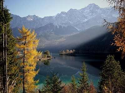 现代风景 秋季松树林窗景 湖边别墅 雪脉 晚霞夕阳 阳光