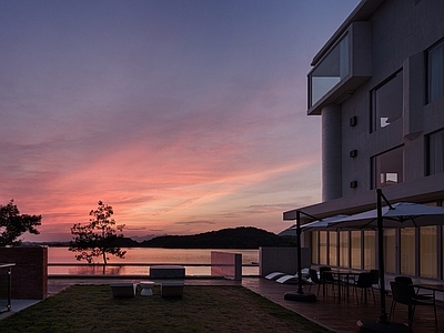 现代小区外景 别墅晚霞夜景 海边泳池别墅 黄昏夕阳落日傍晚 彩霞天空 酒店别墅平台露台