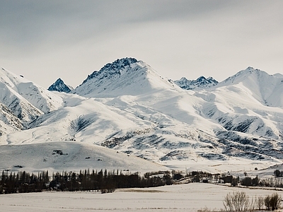 现代风景 阴天雪山别墅外景 雪原雪景 山脉松树林 雪地 多云天空