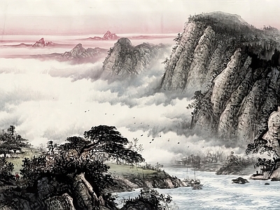 中式壁纸 水墨水画 中式水风景画 国画 水画