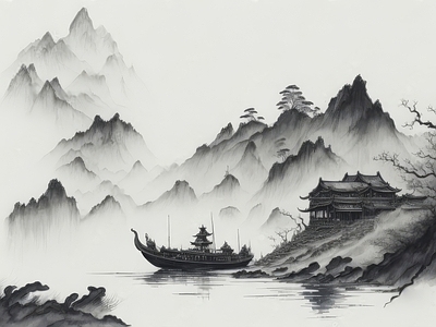 中式壁纸 水墨水画 中式水风景画 国画 水画